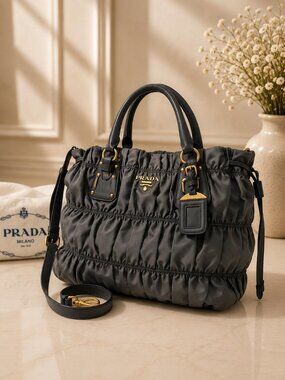 Authentic Prada Gaufre Ruched Nylon Tote Bag Leather Trim Shoulder Crossbody